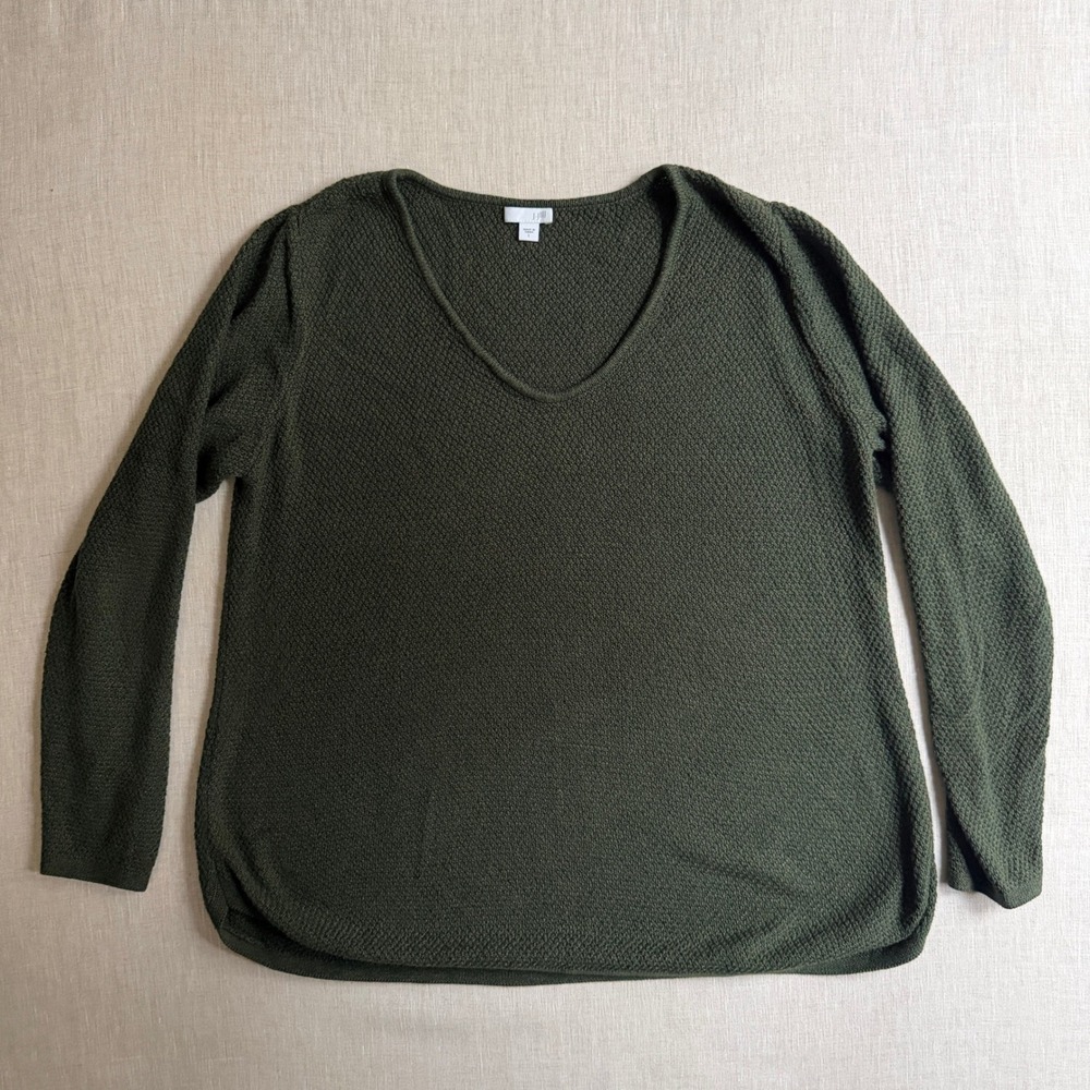 J. Jill V-Neck Textured Knit Sweater Olive Green Large Goblincore